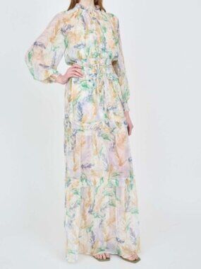 Christy Lynn Florence Maxi Dress Womans M NWOT 100% Silk Smocked Palm Print